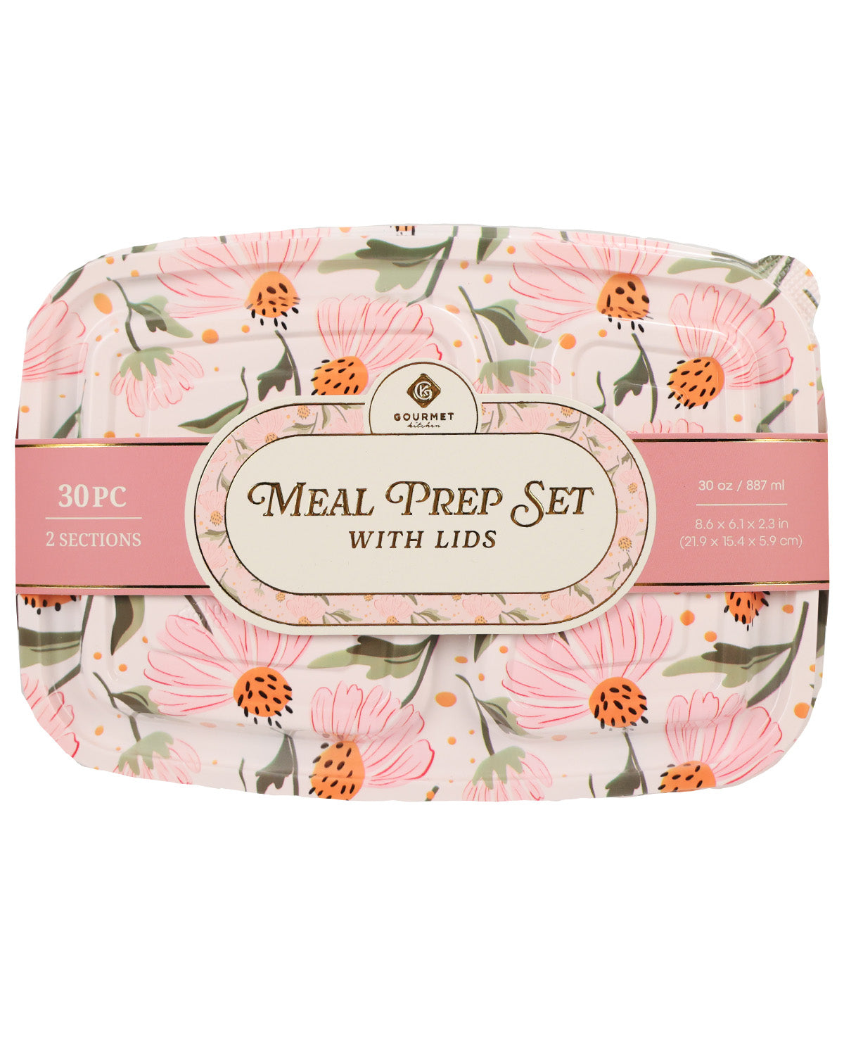 A Gourmet brand 30-piece meal prep set with lids, featuring a pink and orange floral pattern on a white background with a central cream-colored label.
