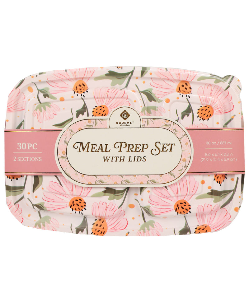 A Gourmet brand 30-piece meal prep set with lids, featuring a pink and orange floral pattern on a white background with a central cream-colored label.