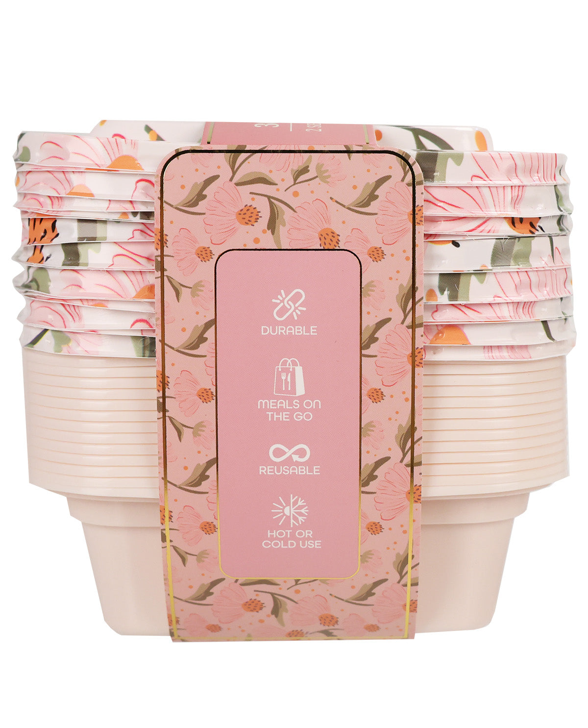 A pack of reusable paper plates and bowls in a floral pattern, stacked inside a pink cardboard sleeve with product feature icons.