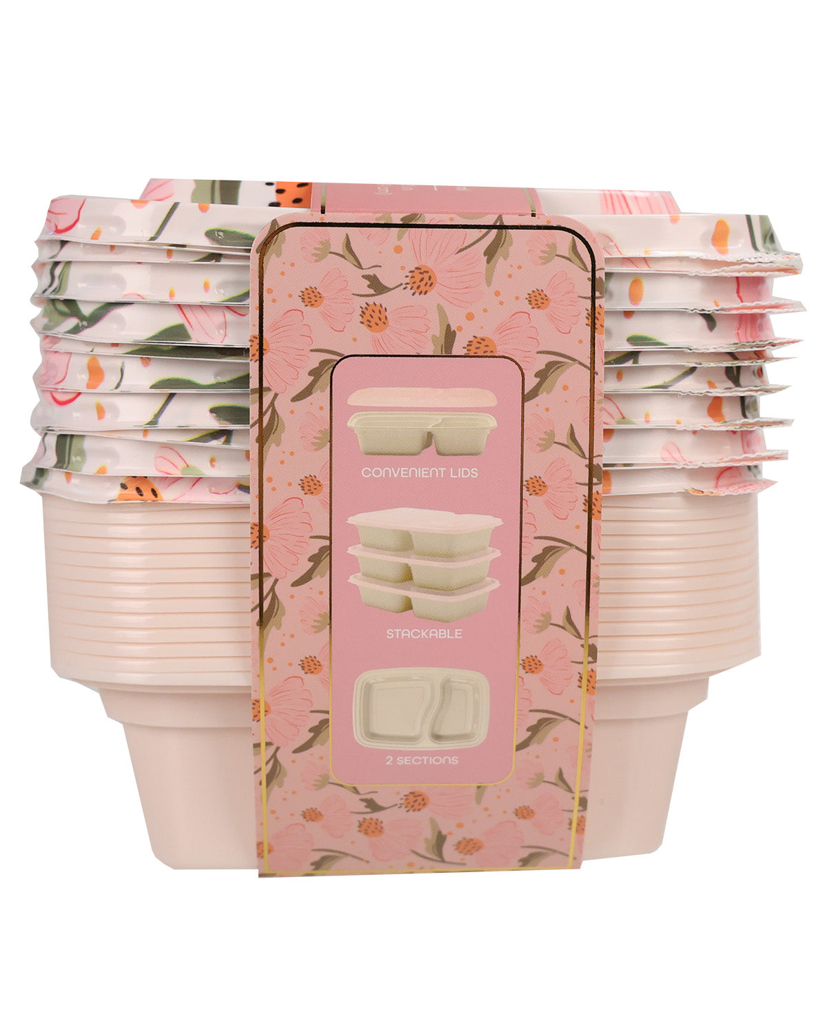 A set of pink floral reusable food storage containers with matching lids, packaged in a pink floral cardboard sleeve showing product examples.