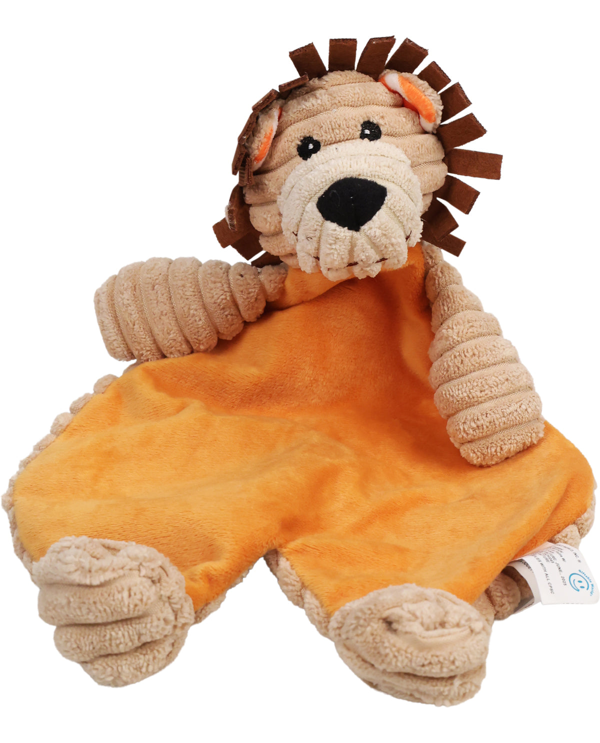 Plush lion toy with a blanket on a white background