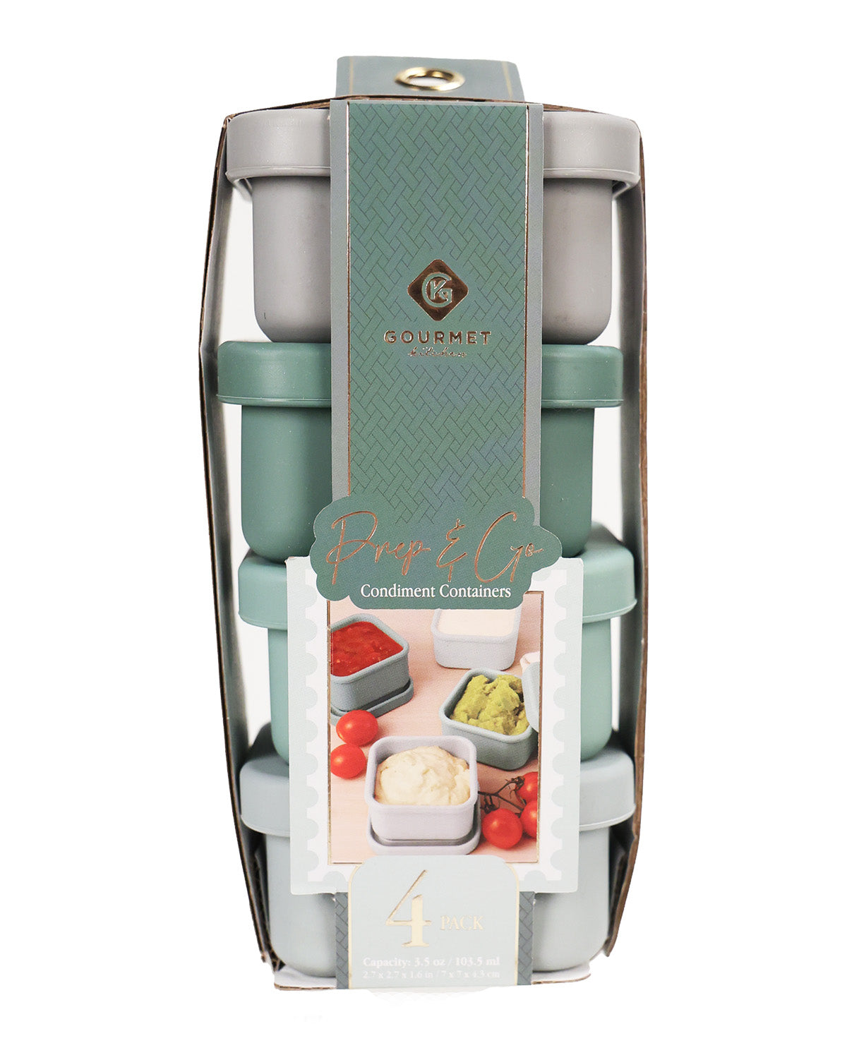 A 4-piece gourmet condiment container set in a clear plastic carrying case with a mint green and white paper sleeve. The containers are a muted sage green with silver metal lids, and the packaging features a decorative paper band with the brand name 'Gourmet Cases'.