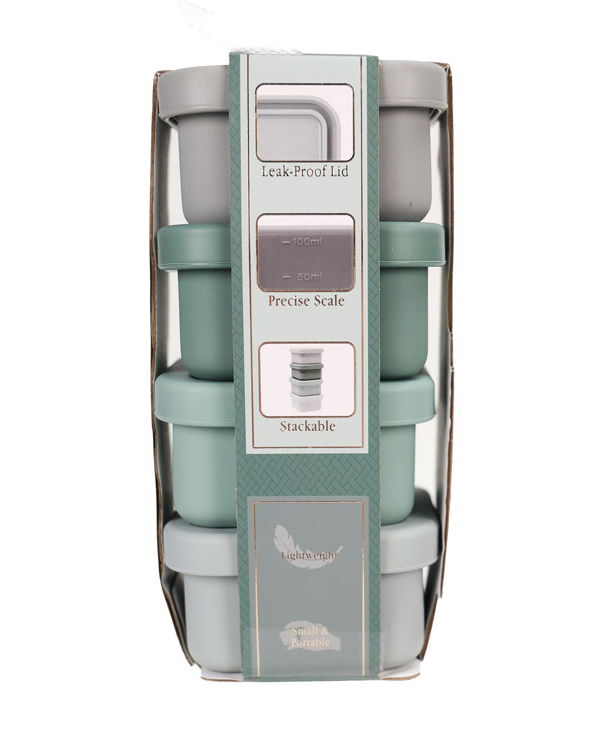A set of five stacked leak-proof storage containers in a light sage green and gray color scheme, packaged inside a clear plastic display box with a central paper label.