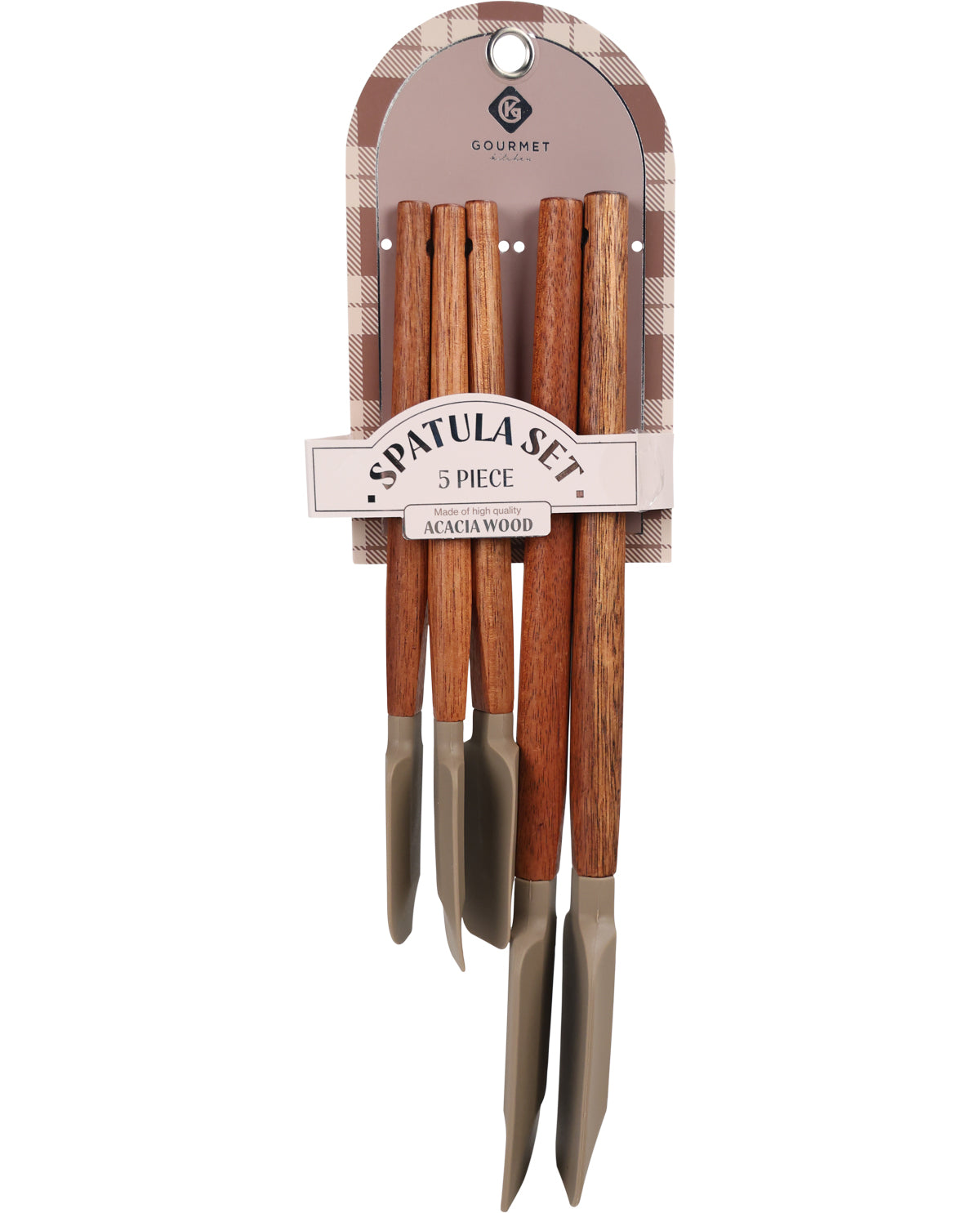 A 5-piece spatula set in retail packaging, featuring acacia wood handles and stainless steel blades. The set is displayed on a branded cardboard hanger with a checkered pattern and a central label reading 'SPATULA SET 5 PIECE' and 'ACACIAWOOD'.