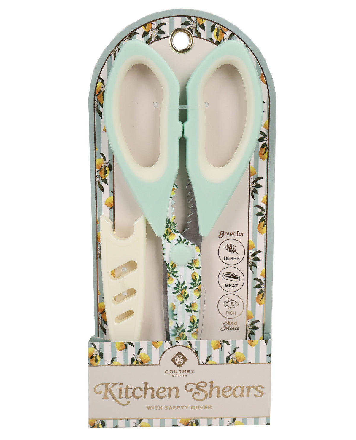 Gourmet Kitchen Shears in retail packaging, featuring mint green and cream handles with a floral lemon pattern on the packaging insert.