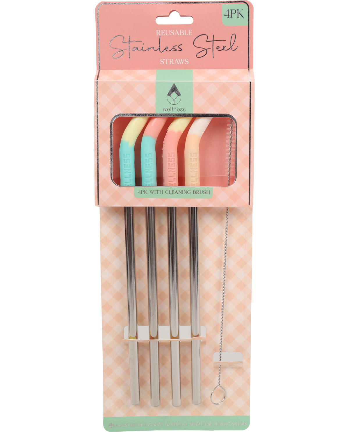 Packaged reusable stainless steel straws with a pink and green design on a white background