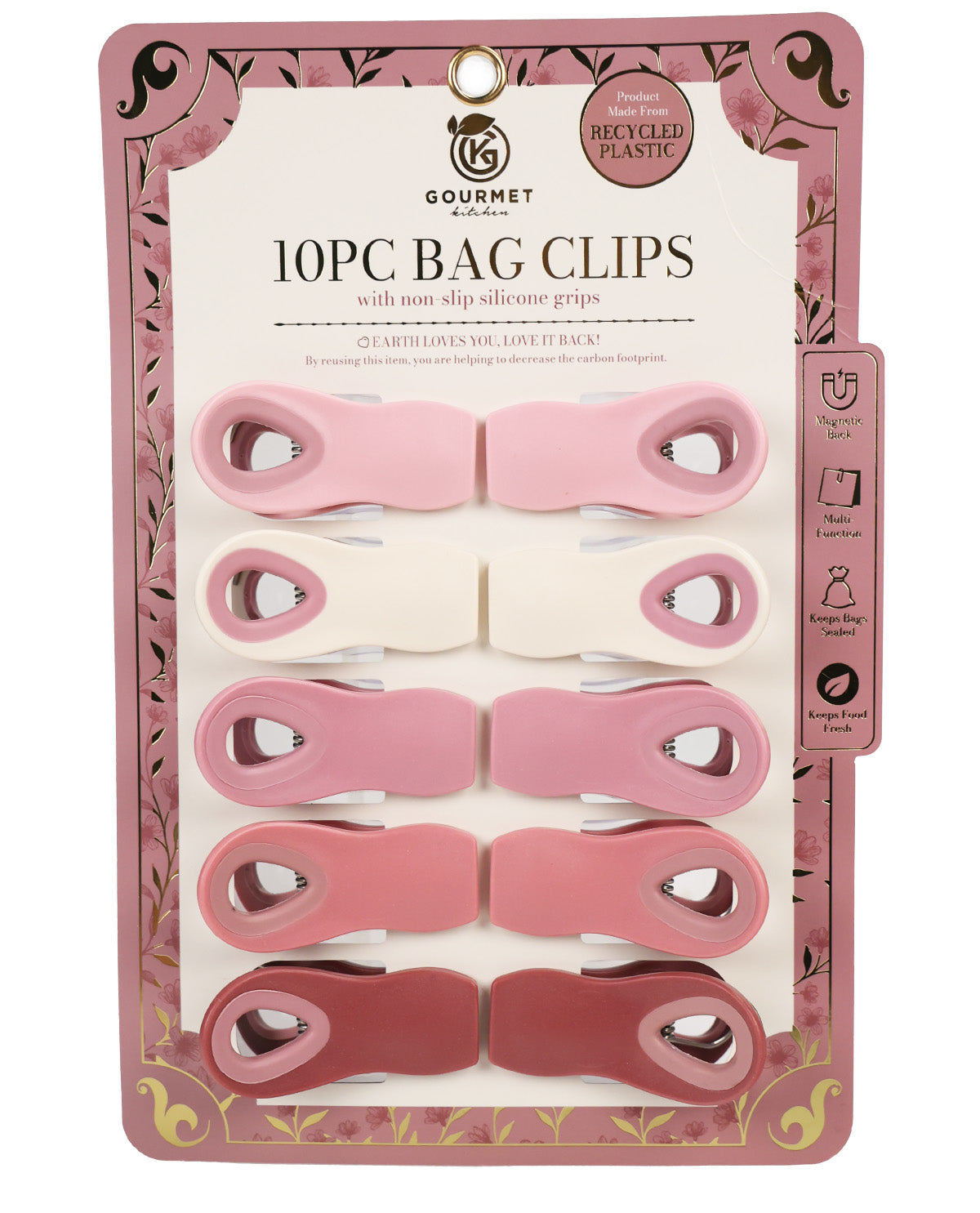 A 10-pack of reusable silicone bag clips in a pink and rose gradient, presented on a decorative pink and white retail backing card. The brand 'Gourmet by Grace' is clearly visible at the top.