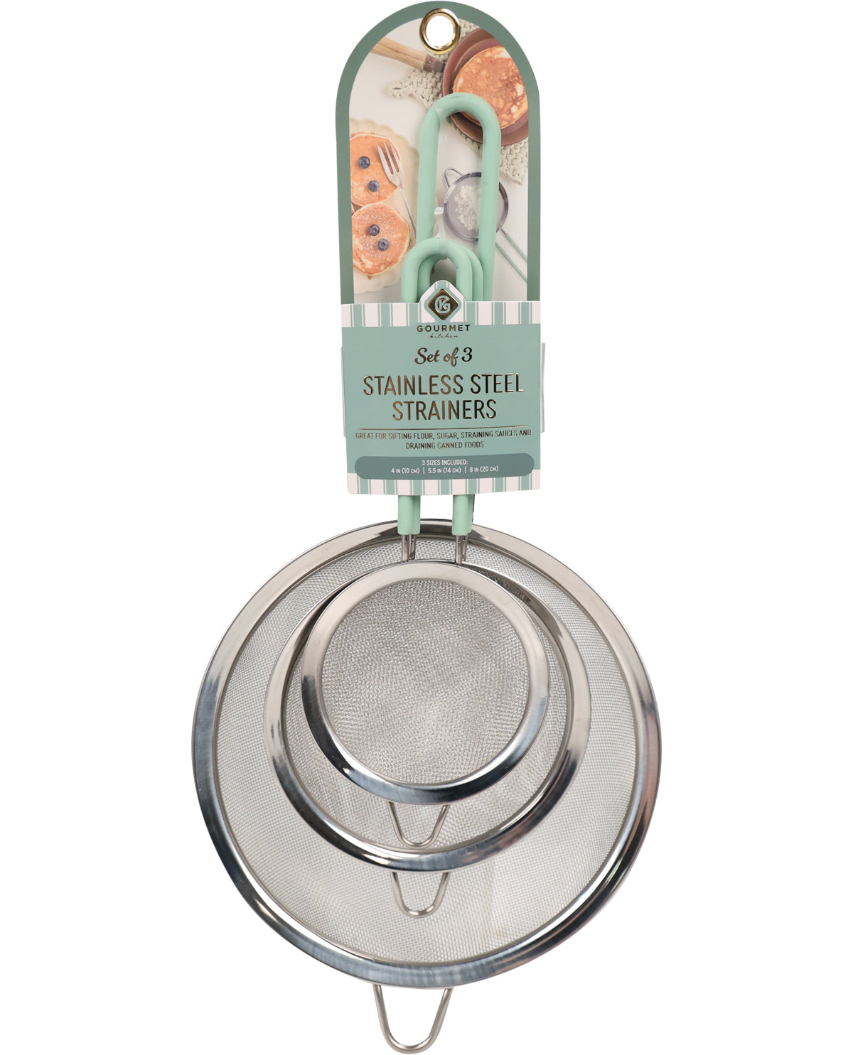 A set of three nested stainless steel strainers hanging from a mint green plastic loop attached to a cardboard retail hanger. The hanger reads 'SILKWORK Set of 3 Stainless Steel Strainers' and features a photo of chocolate chip cookies.