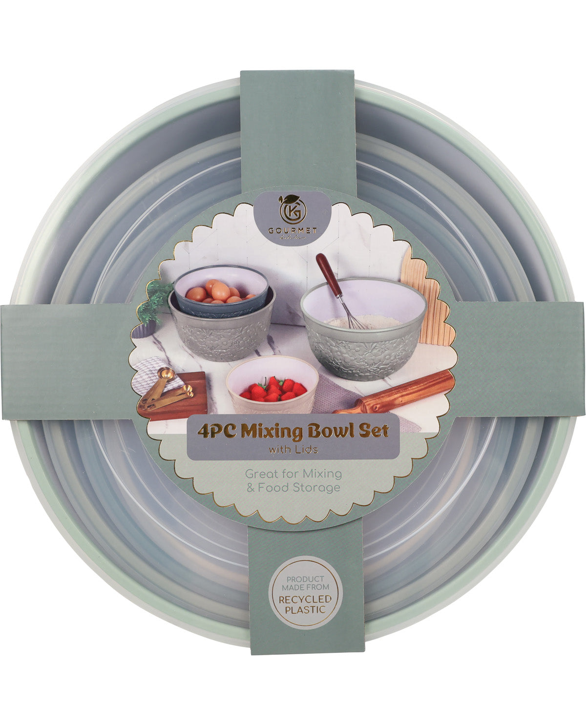 A 4-piece mixing bowl set in a light sage green color, packaged in a circular clear plastic container with a decorative paper label in the center.