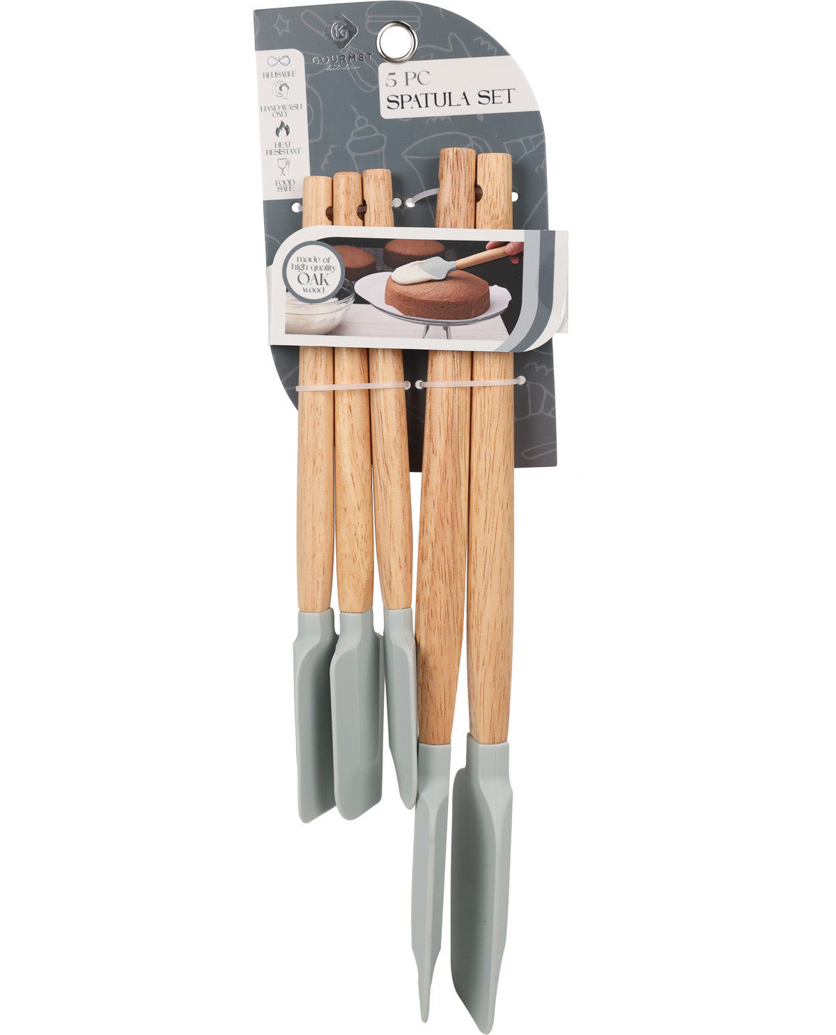 A 5-piece spatula set in its original packaging, featuring light natural wood handles and gray silicone tips.