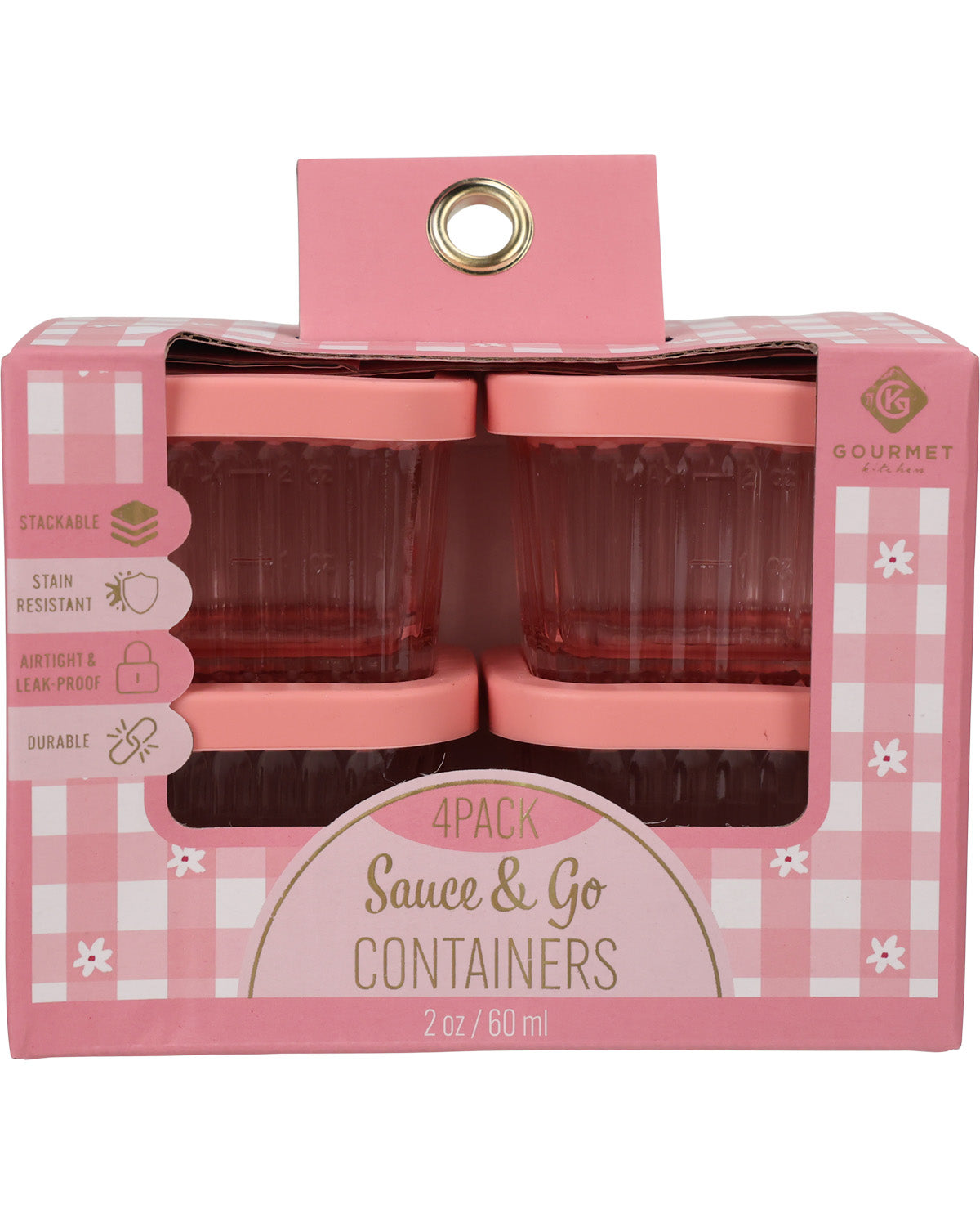 A 4-pack of Gourmet of Miami Sauce & Go containers in pink gingham packaging with a clear window showing the pink plastic containers inside.