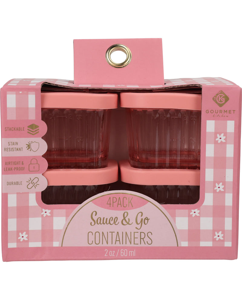 A 4-pack of Gourmet of Miami Sauce & Go containers in pink gingham packaging with a clear window showing the pink plastic containers inside.