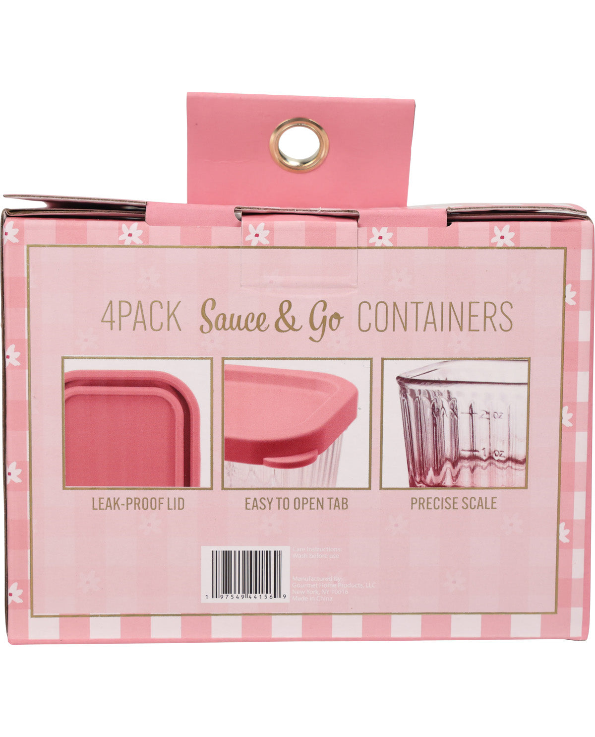 Pink cardboard packaging box for a 4-pack of Sauce & Go leak-proof containers, featuring product images and text on the front.