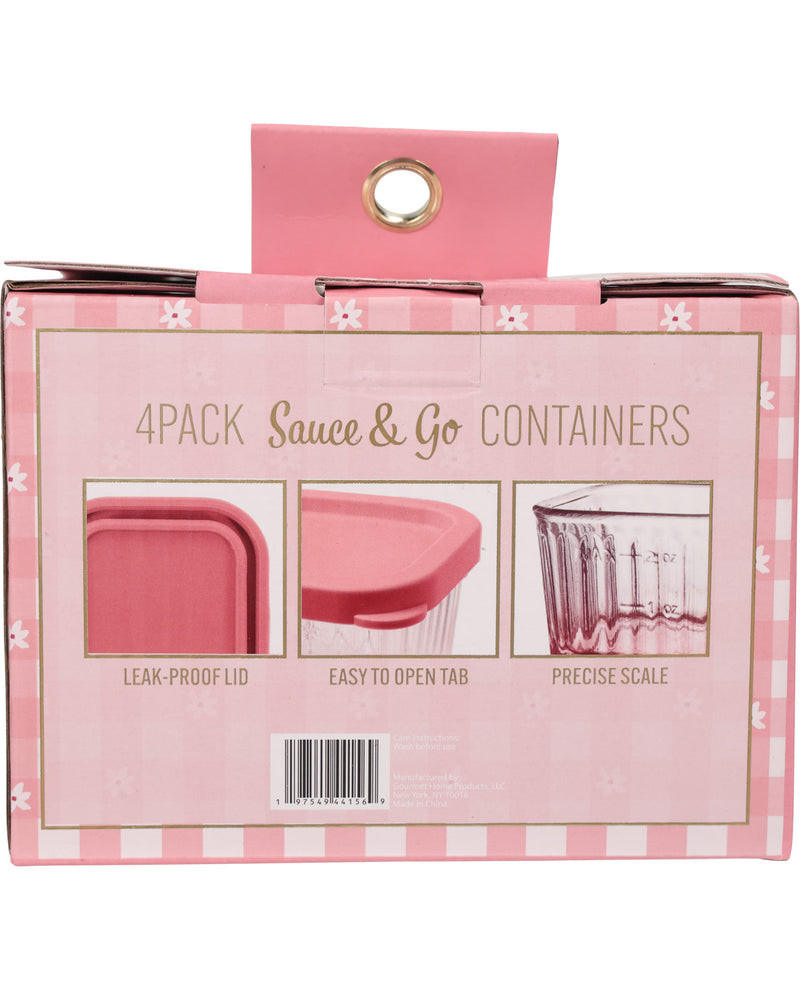Pink cardboard packaging box for a 4-pack of Sauce & Go leak-proof containers, featuring product images and text on the front.