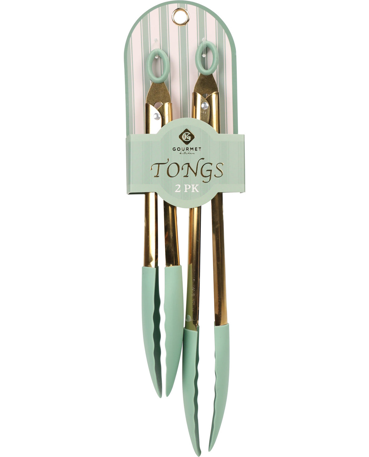 A 2-pack of Gourmet Tongs with sage green silicone tips and gold metal handles, packaged in a matching sage green and white striped card.