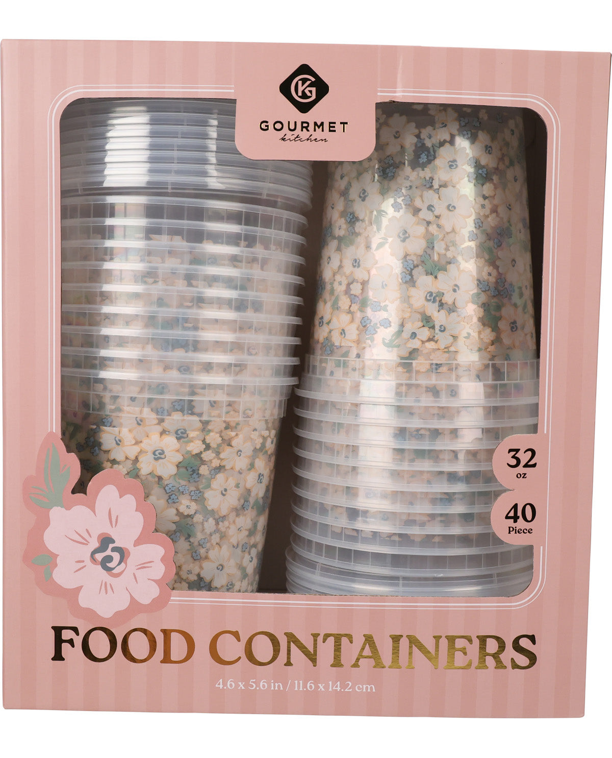 Gourmet Kitchen 32 oz, 40-piece set of clear plastic food containers in a pink window box package.