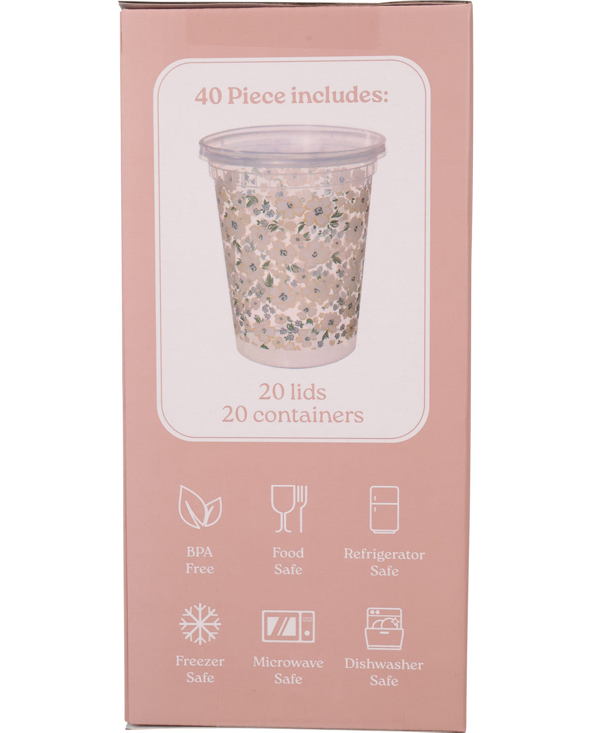 A pink retail box for a 40-piece glitter cup set, featuring a central photo of a clear plastic cup filled with silver glitter and a clear lid. The box text reads '40 Piece includes: 20 lids 20 containers' and lists safety features like BPA Free, Food Safe, and Refrigerator Safe.