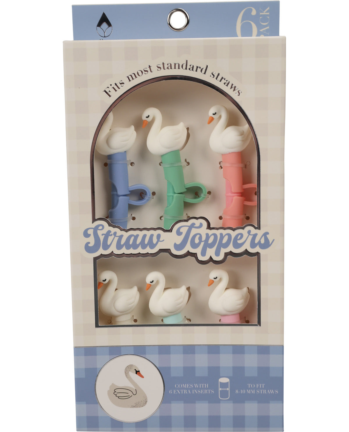 Pack of 6 swan-shaped straw toppers in blue, green, and pink, presented in a white and blue gingham retail box with a clear window.
