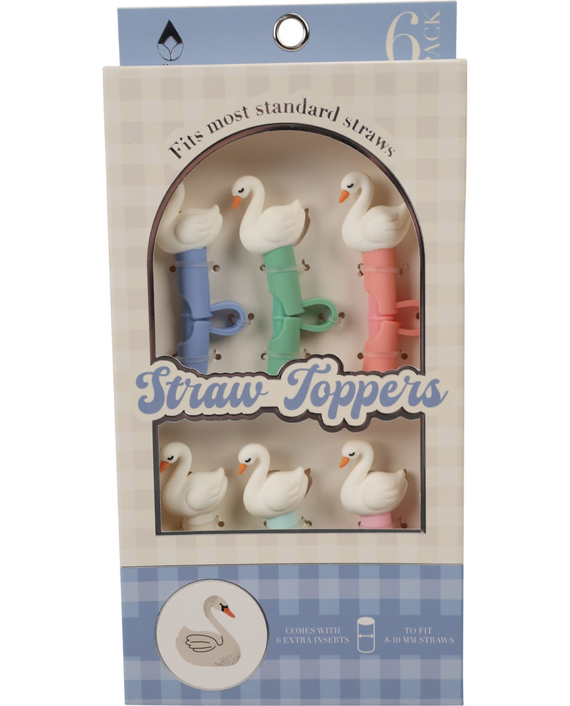 Pack of 6 swan-shaped straw toppers in blue, green, and pink, presented in a white and blue gingham retail box with a clear window.