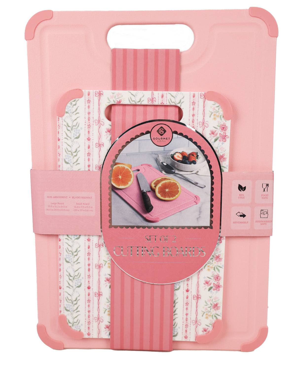 Pink cutting board set in its retail packaging, featuring a solid pink outer shell with corner bumpers and a handle, a floral patterned insert, and a central circular label showing the brand 'Gourmet Gadgets'.