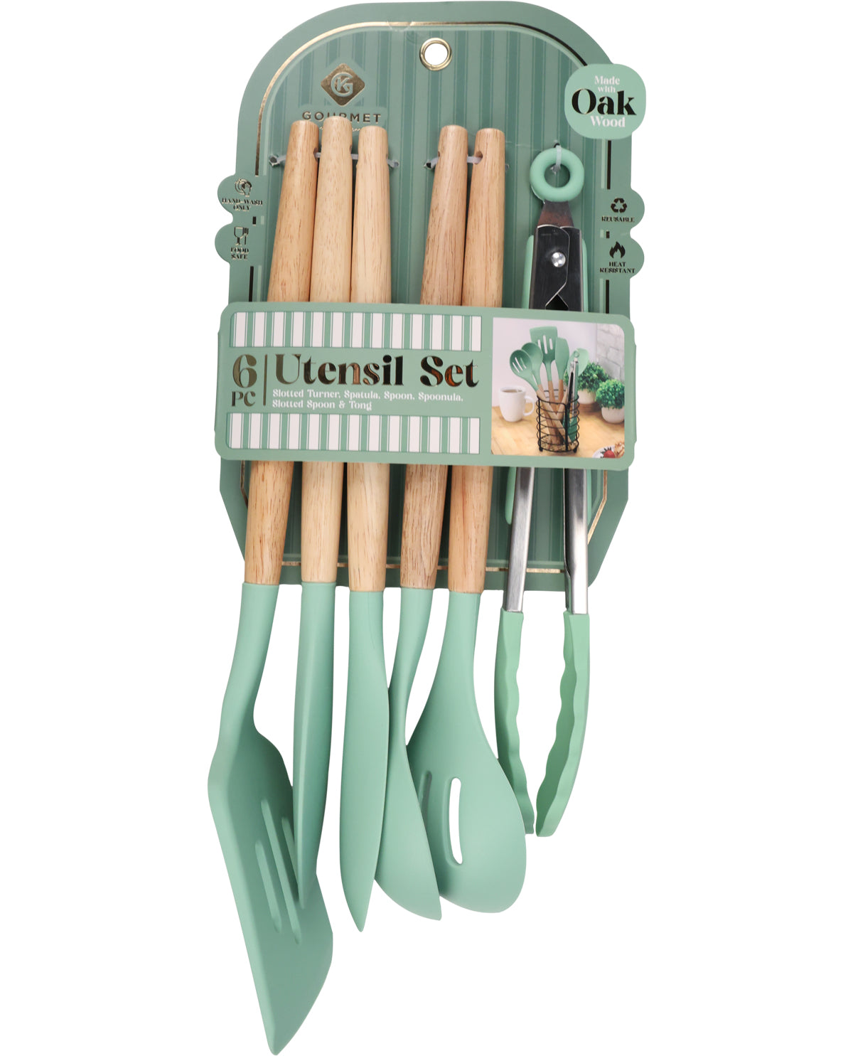 A 6-piece kitchen utensil set in mint green and natural oak wood, packaged in a matching green plastic holder with a decorative label.