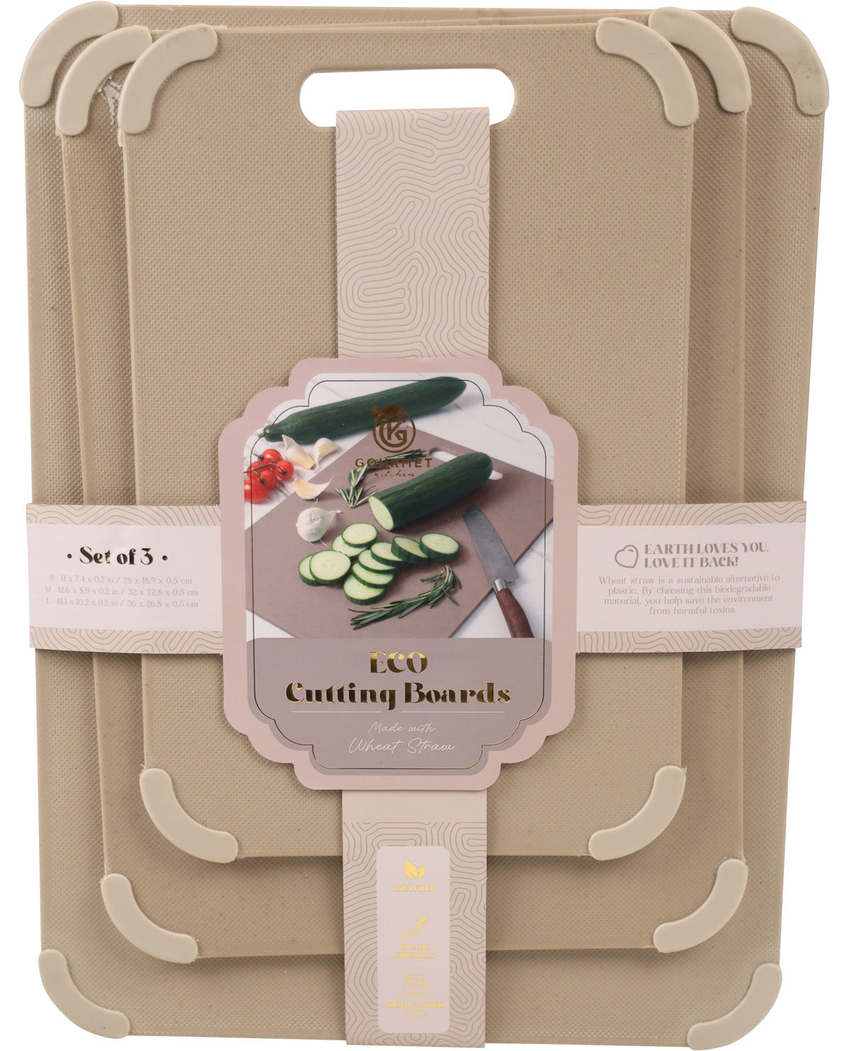 A set of three beige plastic cutting boards stacked together, each with a handle cutout and protective corner guards. A central paper label reads 'LCU Cutting Boards' and shows vegetables and a knife.