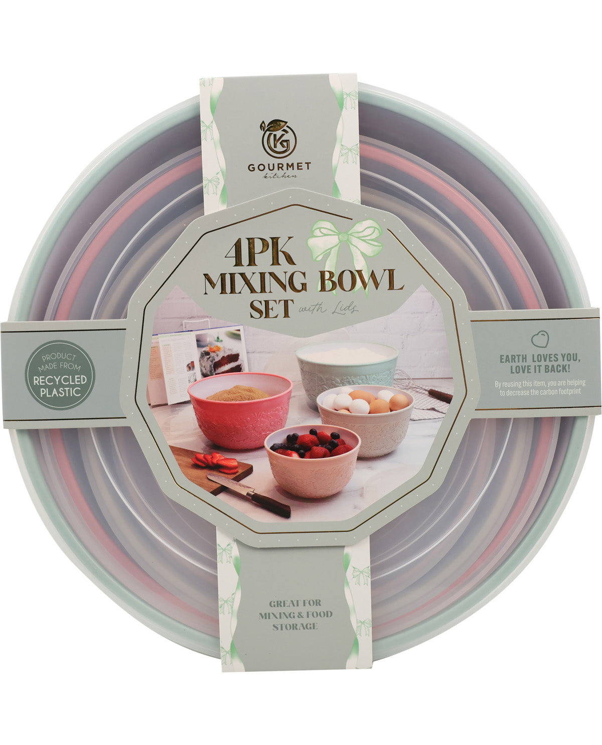 A 4-piece gourmet plastic mixing bowl set in pastel colors, packaged in its original retail box with a clear plastic wrap and a central label.
