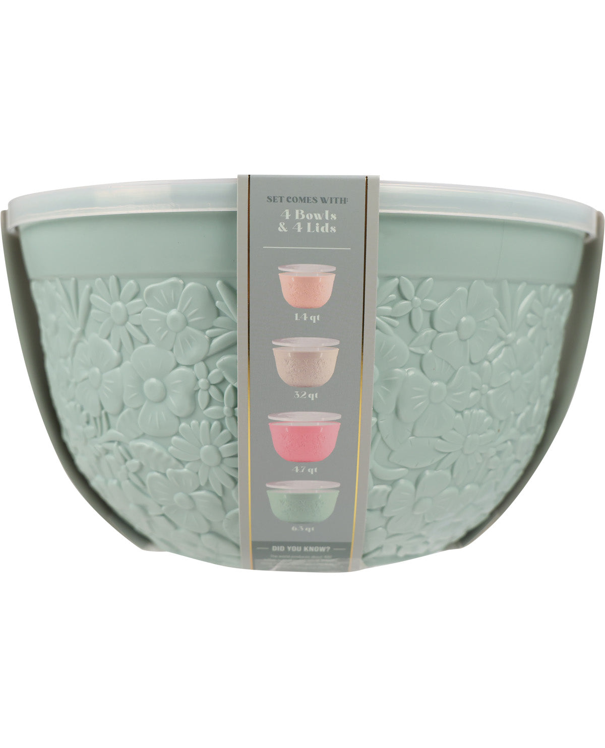 A large mint green floral embossed mixing bowl with a matching lid, packaged with a vertical paper sleeve showing included lids by capacity.