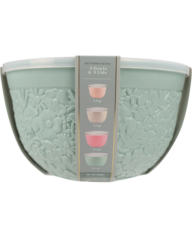 A large mint green floral embossed mixing bowl with a matching lid, packaged with a vertical paper sleeve showing included lids by capacity.