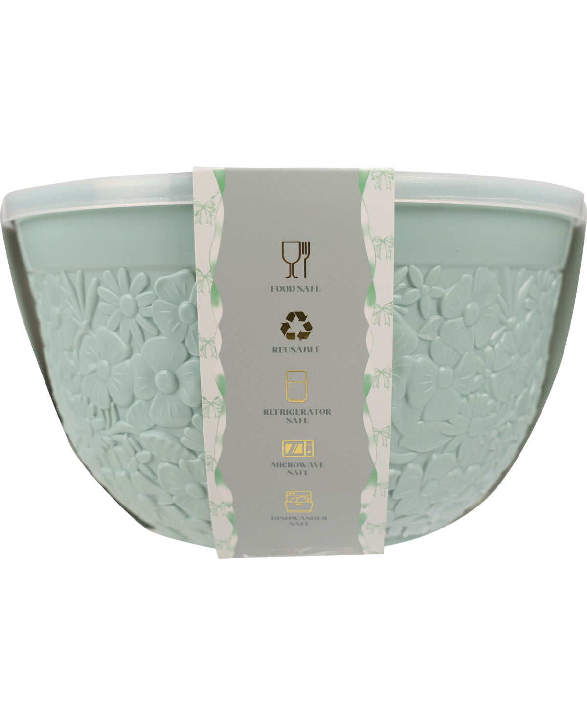 A mint green embossed floral reusable salad bowl with a clear lid, wrapped in a gray paper band that displays product features and recycling icons.