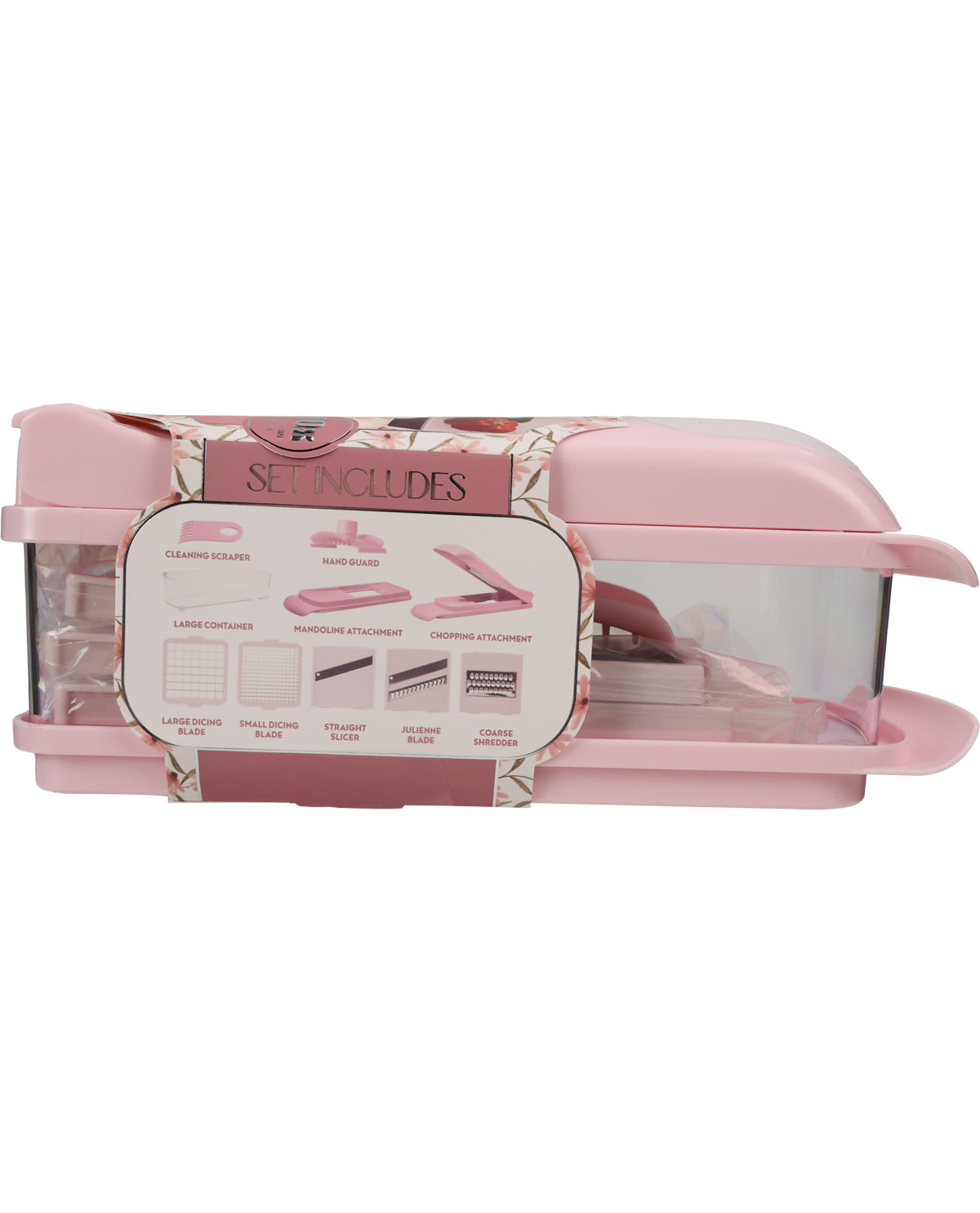 A pink manual sewing machine with a clear plastic body and a decorative paper label showing included accessories, photographed on a white background.