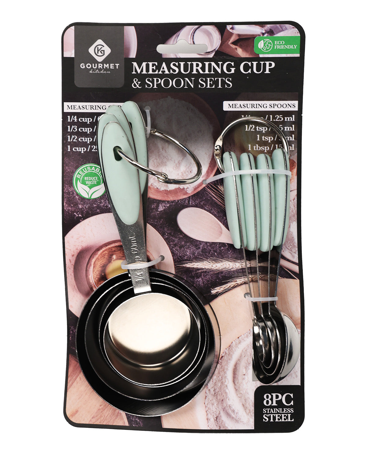 An 8-piece measuring cup and spoon set in mint green and black stainless steel, packaged on a branded retail card with printed measurements and product details.