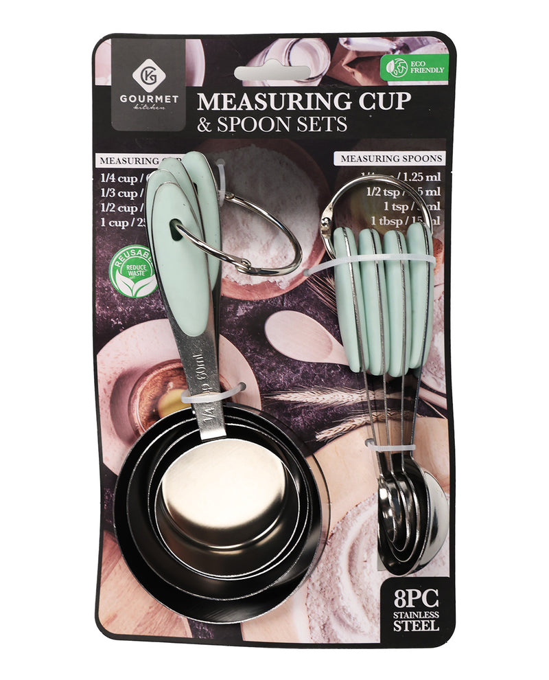 An 8-piece measuring cup and spoon set in mint green and black stainless steel, packaged on a branded retail card with printed measurements and product details.