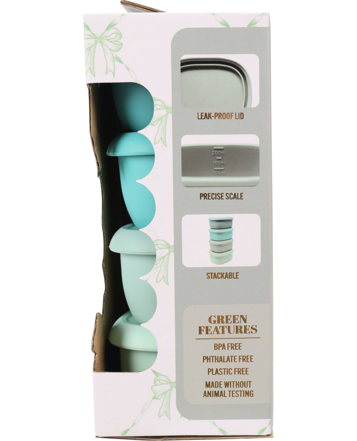 The product packaging for a stackable silicone leak-proof scale, featuring a white box with a clear window showing the mint green and gray scales inside, along with feature callouts.
