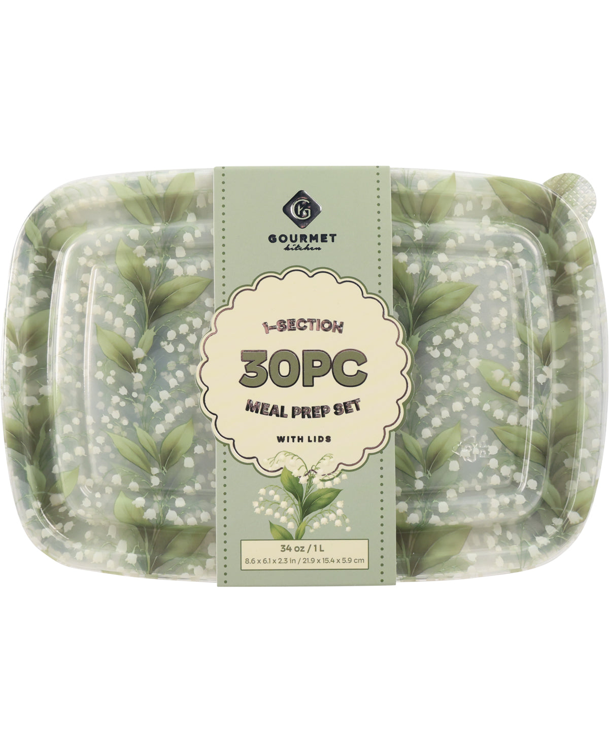 A 30-piece sectioned meal prep set by Gourmet Kitchen, featuring clear plastic containers with lids decorated in a green and white lily of the valley pattern, wrapped in a central sage green paper band.