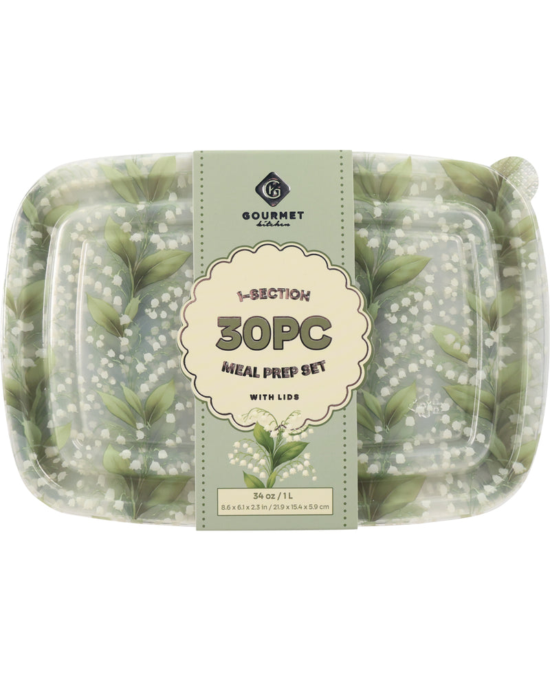 A 30-piece sectioned meal prep set by Gourmet Kitchen, featuring clear plastic containers with lids decorated in a green and white lily of the valley pattern, wrapped in a central sage green paper band.