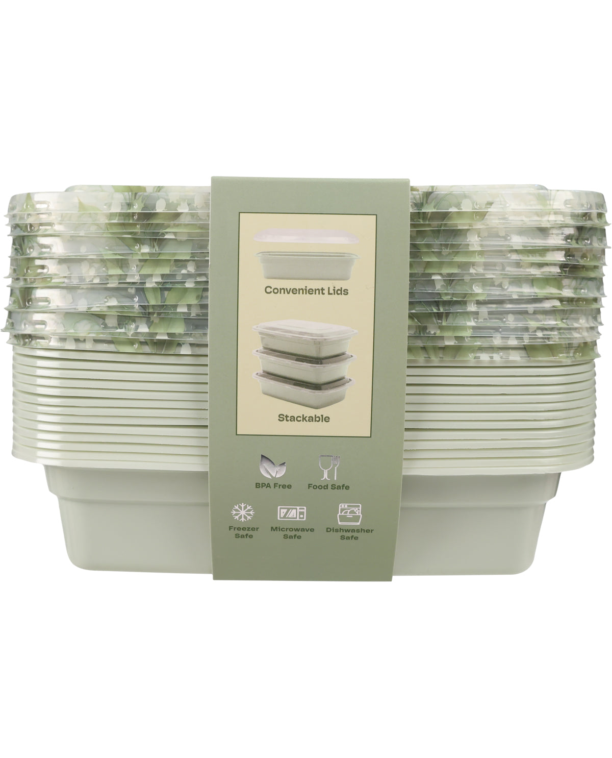 A stack of clear plastic food storage containers with matching square lids, wrapped in a green paper band label that reads 'Convenient Lids' and 'Stackable'.