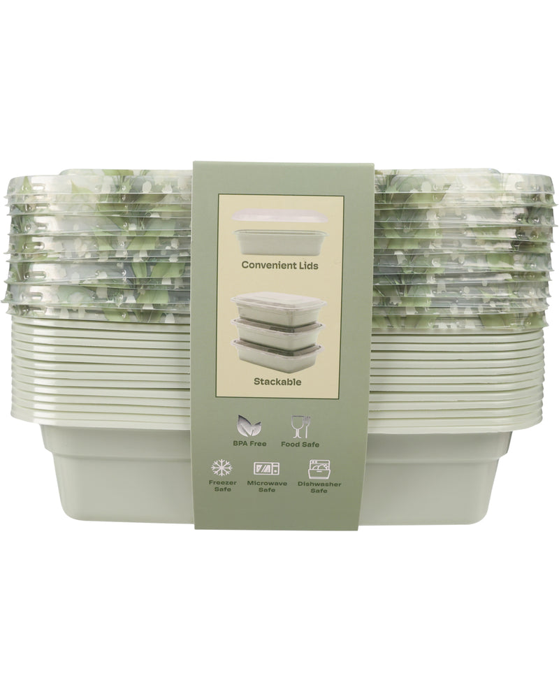 A stack of clear plastic food storage containers with matching square lids, wrapped in a green paper band label that reads 'Convenient Lids' and 'Stackable'.