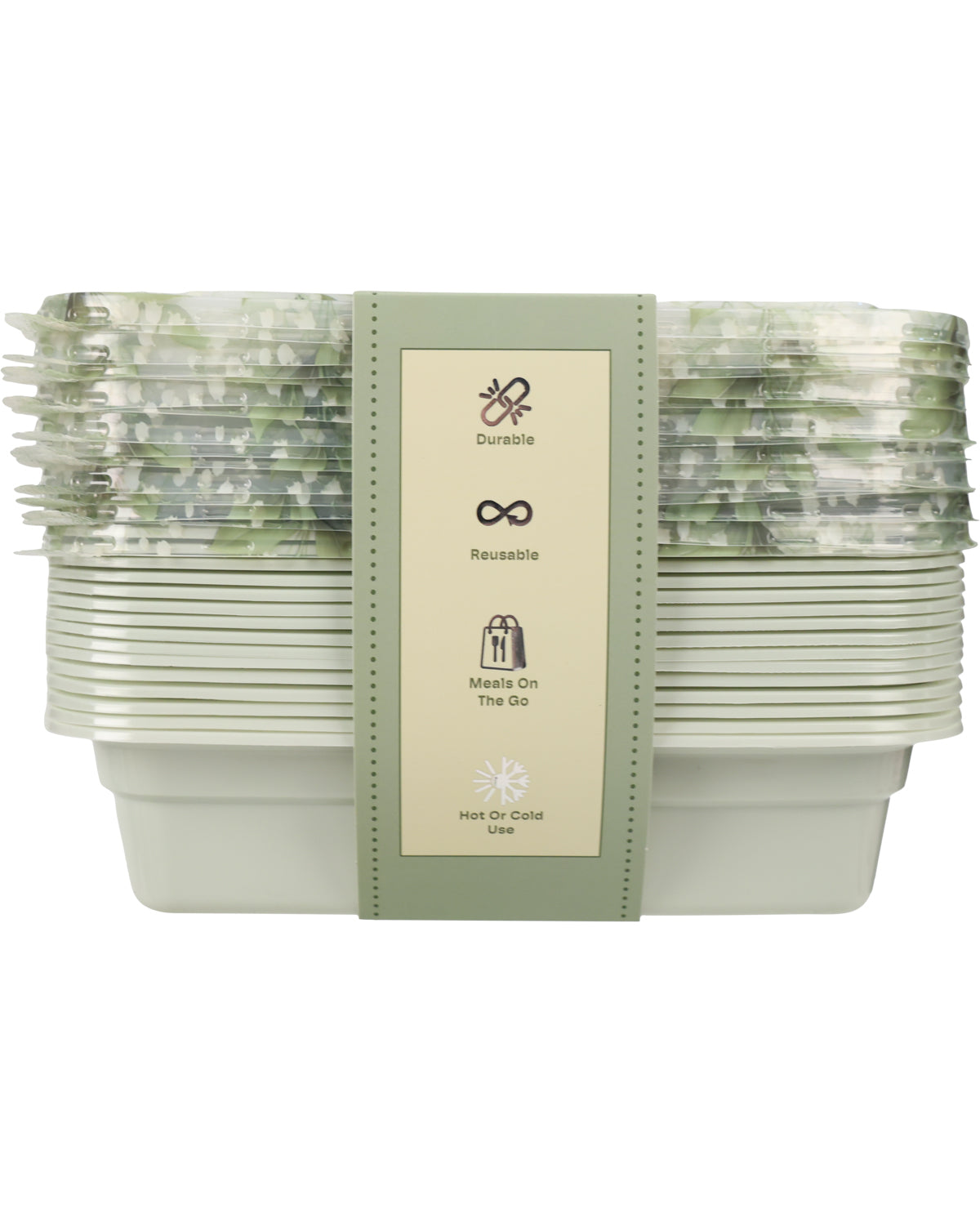 A stack of reusable hot or cold use plastic containers with matching lids, wrapped in a central paper band showing product features like durable, reusable, and made on the go.