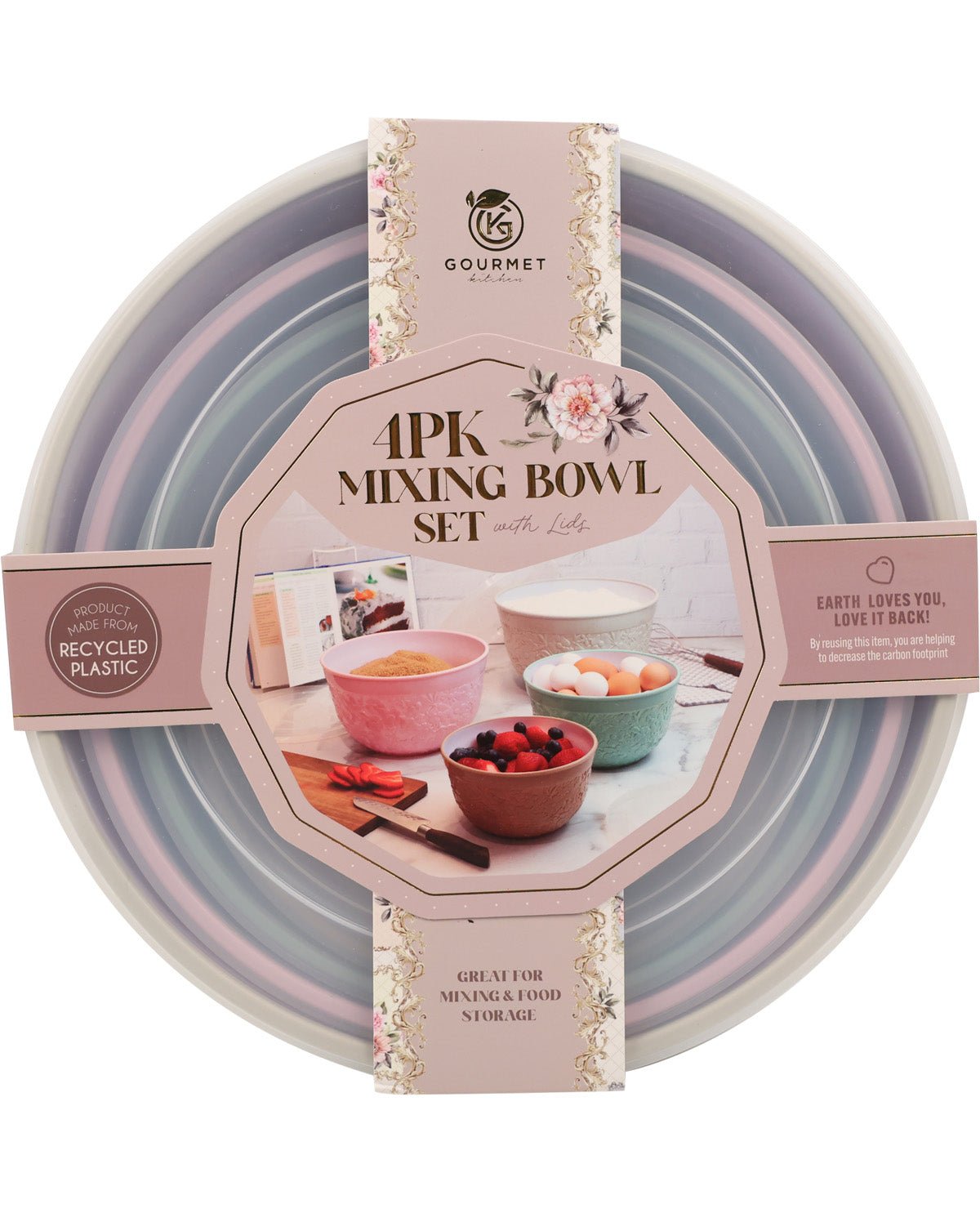A 4-piece folding mixing bowl set in pastel colors, packaged with a pink and white paper sleeve. The bowls are stacked inside the packaging, showing pastel pink, lavender, and light blue-green colors.