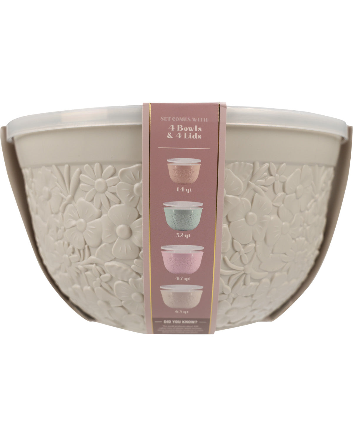 A set of three embossed floral ceramic bowls in a light beige/cream color, packaged with a brown paper sleeve showing product details.