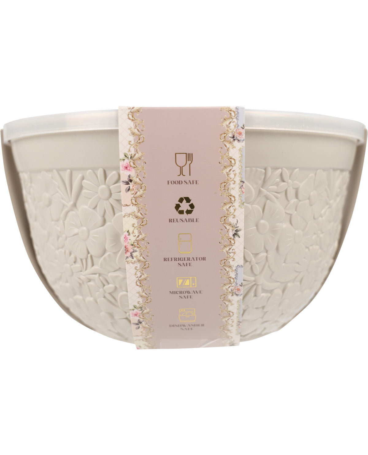 A reusable ceramic mixing bowl in a warm cream-beige color, featuring an embossed floral pattern. The bowl is wrapped in a light pink paper band with floral accents and text indicating it is a 'FUNDSALE REUSABLE REFRIGERATOR NUTE'.