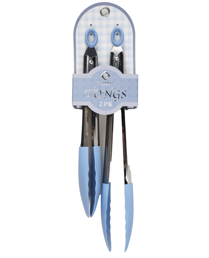 A 2-pack of kitchen tongs and scissors with light blue silicone handles, packaged in a clear plastic sleeve with a blue and white gingham header card and a light blue paper band labeled 'Tongs 2 PK'.