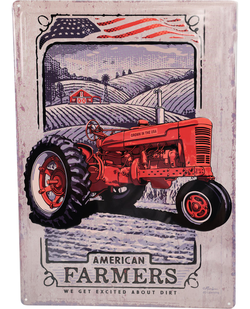 Decorative sign with a red tractor and American flag on a gray background
