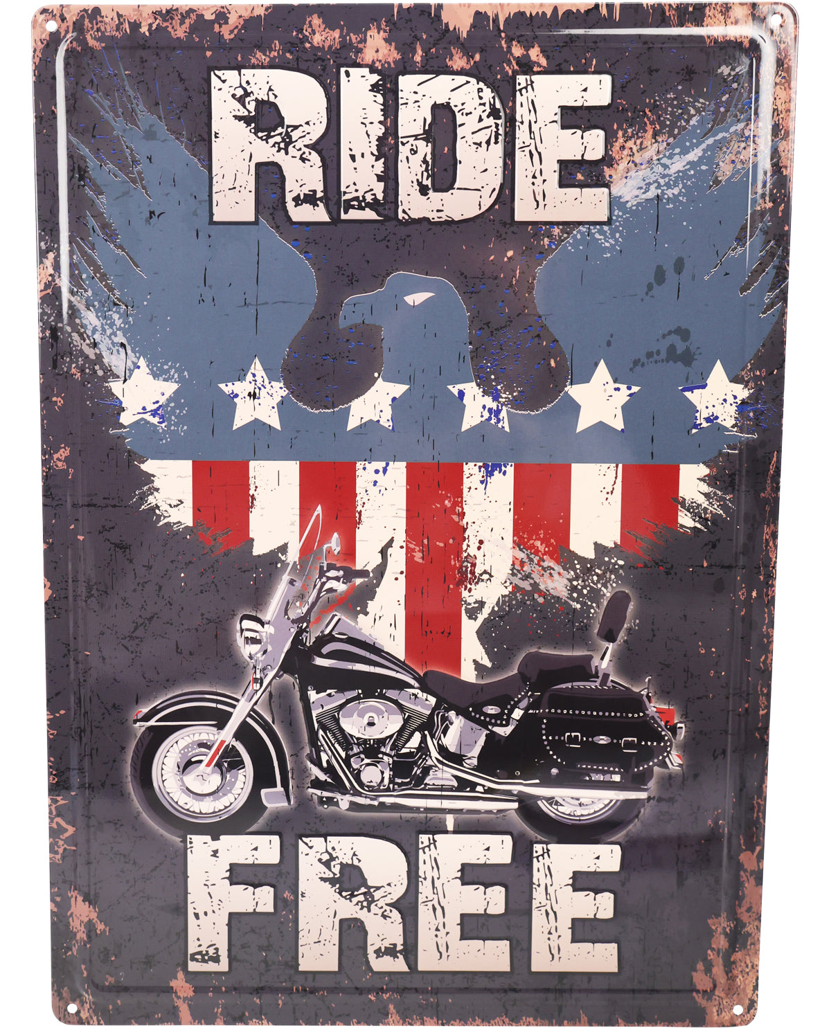 Decorative sign with motorcycle and American flag design, featuring the text 'Ride Free'.