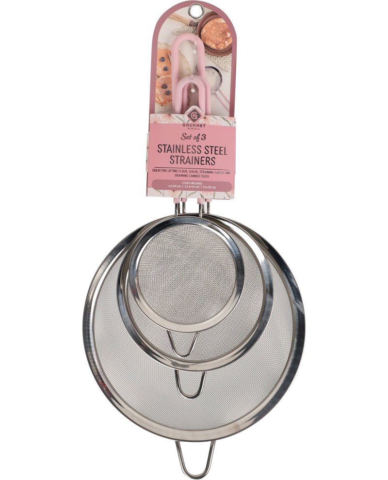 Three nested stainless steel mesh strainers in different sizes, shown hanging from a pink retail card on a white background.