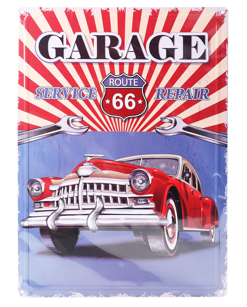 Vintage-style garage sign with a red car, Route 66 logo, and text on a white background