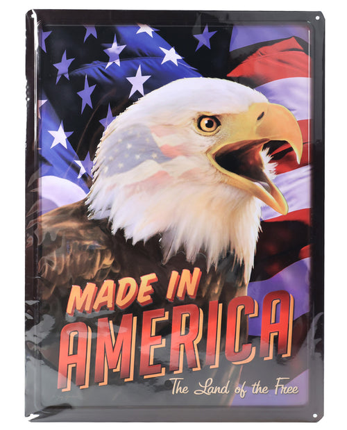 Metal sign with an eagle and American flag, featuring 'Made in America' text.