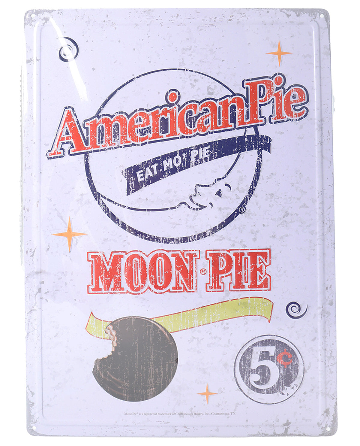 Vintage-style promotional sign for Moon Pie with 'American Pie' text and graphics.
