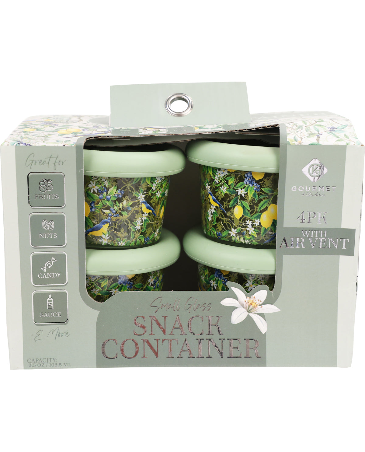 Packaging of snack containers with floral designs on a white background